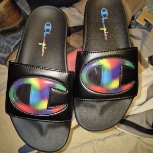 Nib Champion IPO Jellie Black Multi Rainbow Logo Slides Sandals Womens Size 6